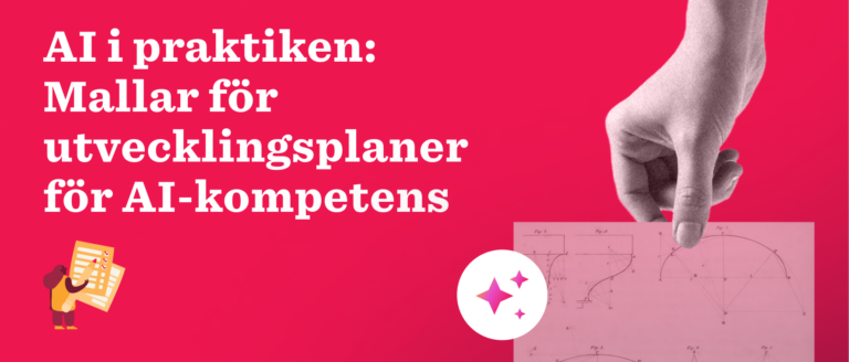 AI i praktiken poster featuring hand holding a development plan with geometric diagrams on pink background, hand holding development plan, geometric diagrams